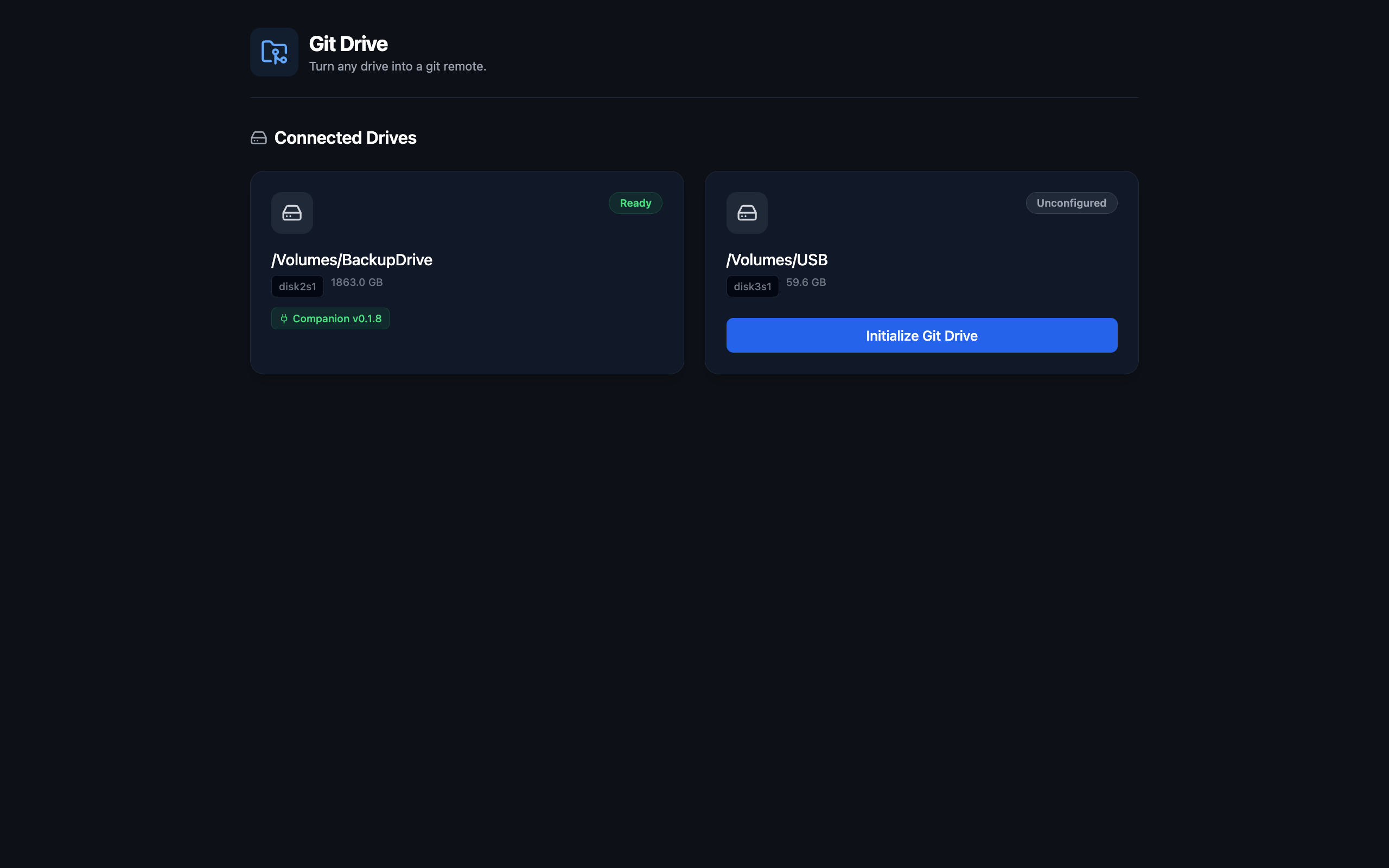 Git-Drive dashboard showing connected drives