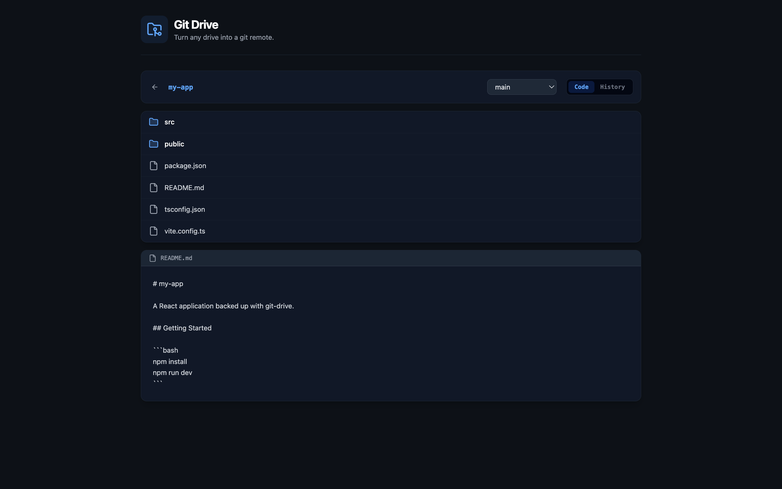 Repository file browser with branch selector and README preview