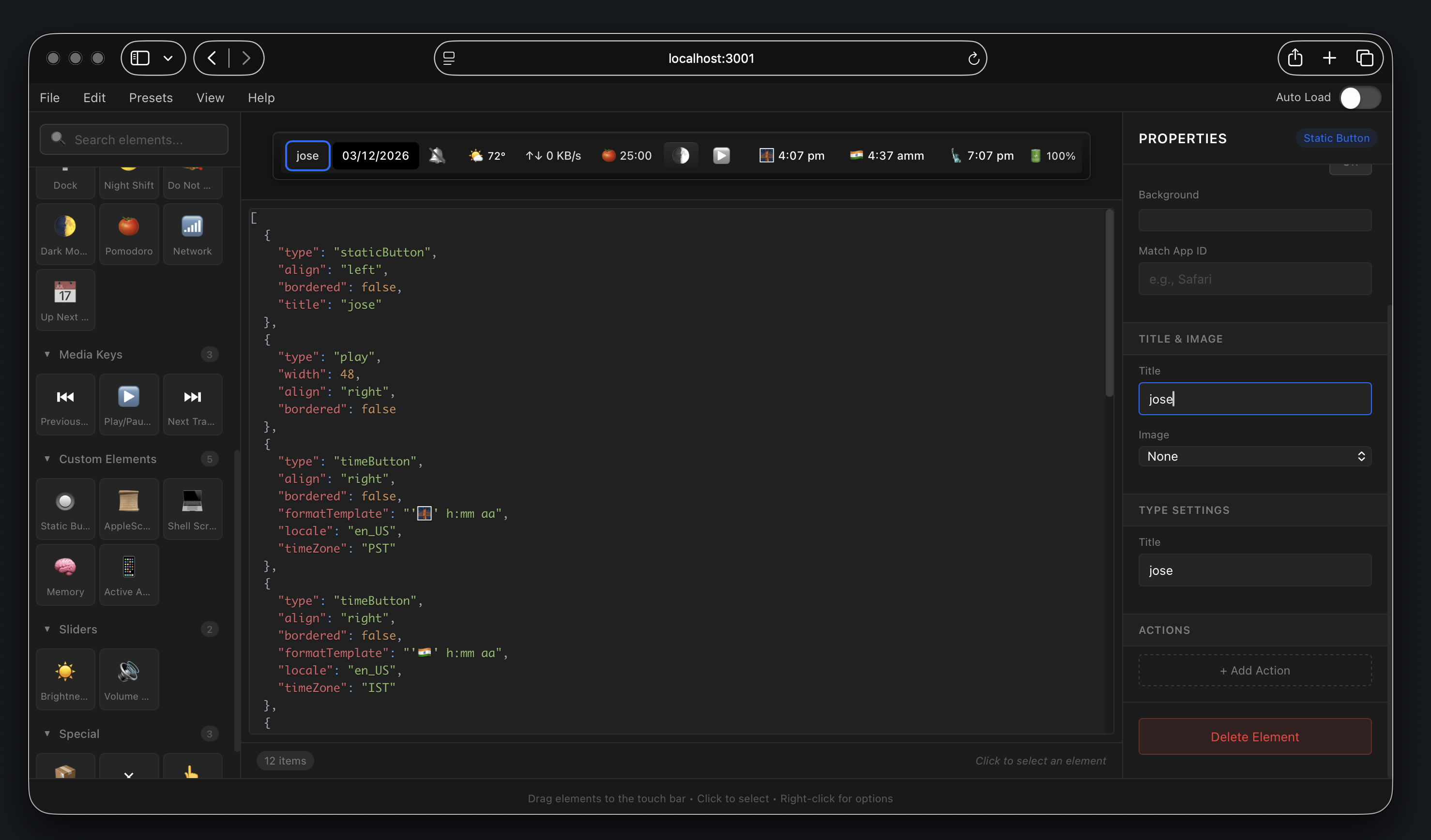 MTMR Designer — visual Touch Bar preset editor